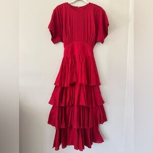 Choon California Vintage Ruffle Tiered Tie Waist Maxi Dress in Red 100% Cotton